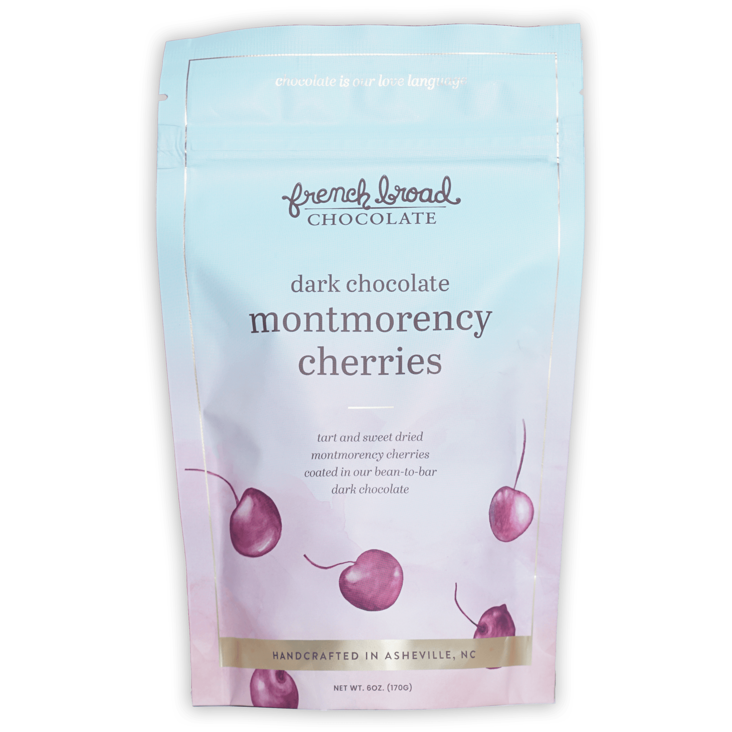 French Broad dark chocolate Montmorency cherries in blue pouch