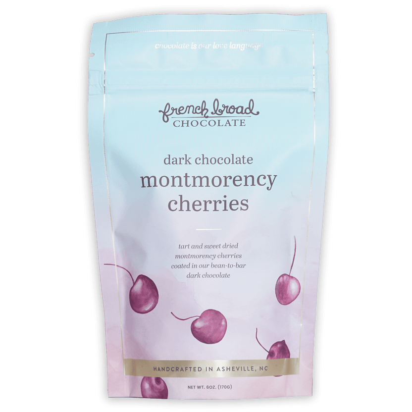 French Broad dark chocolate Montmorency cherries in blue pouch
