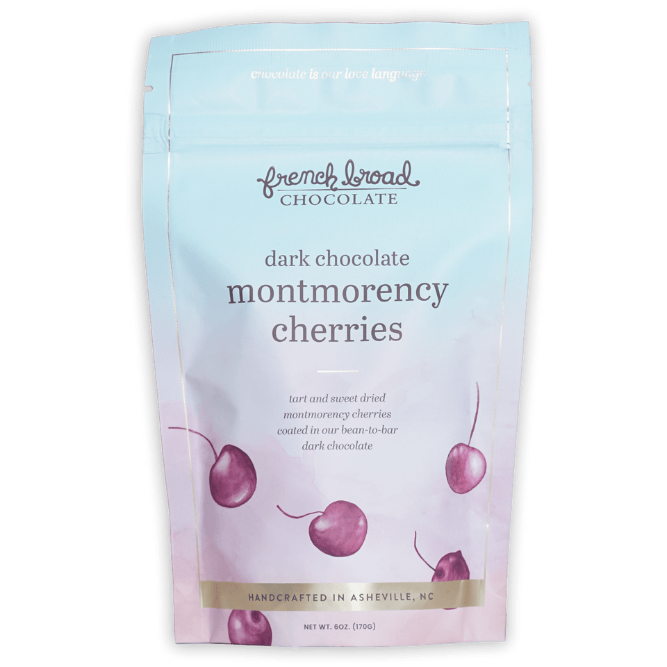 French Broad dark chocolate Montmorency cherries in blue pouch