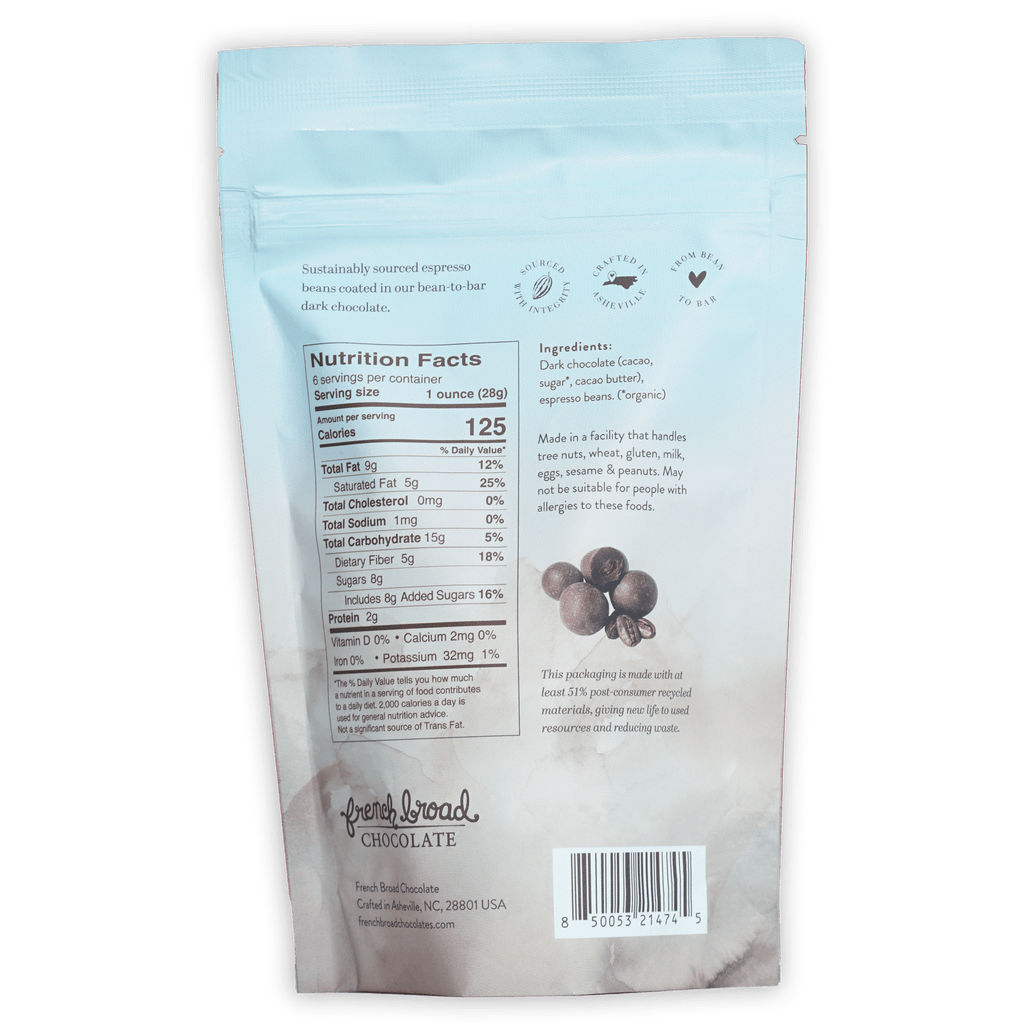Light blue resealable pouch of French Broad dark chocolate covered espresso beans