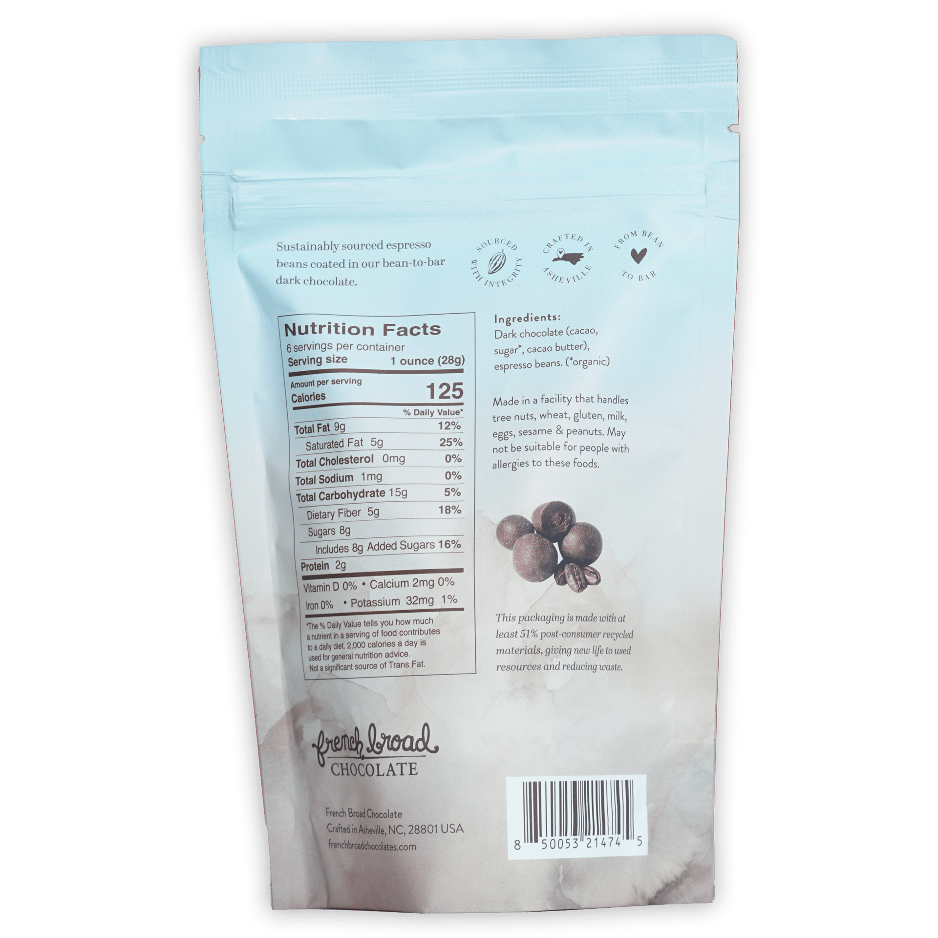 Light blue resealable pouch of French Broad dark chocolate covered espresso beans