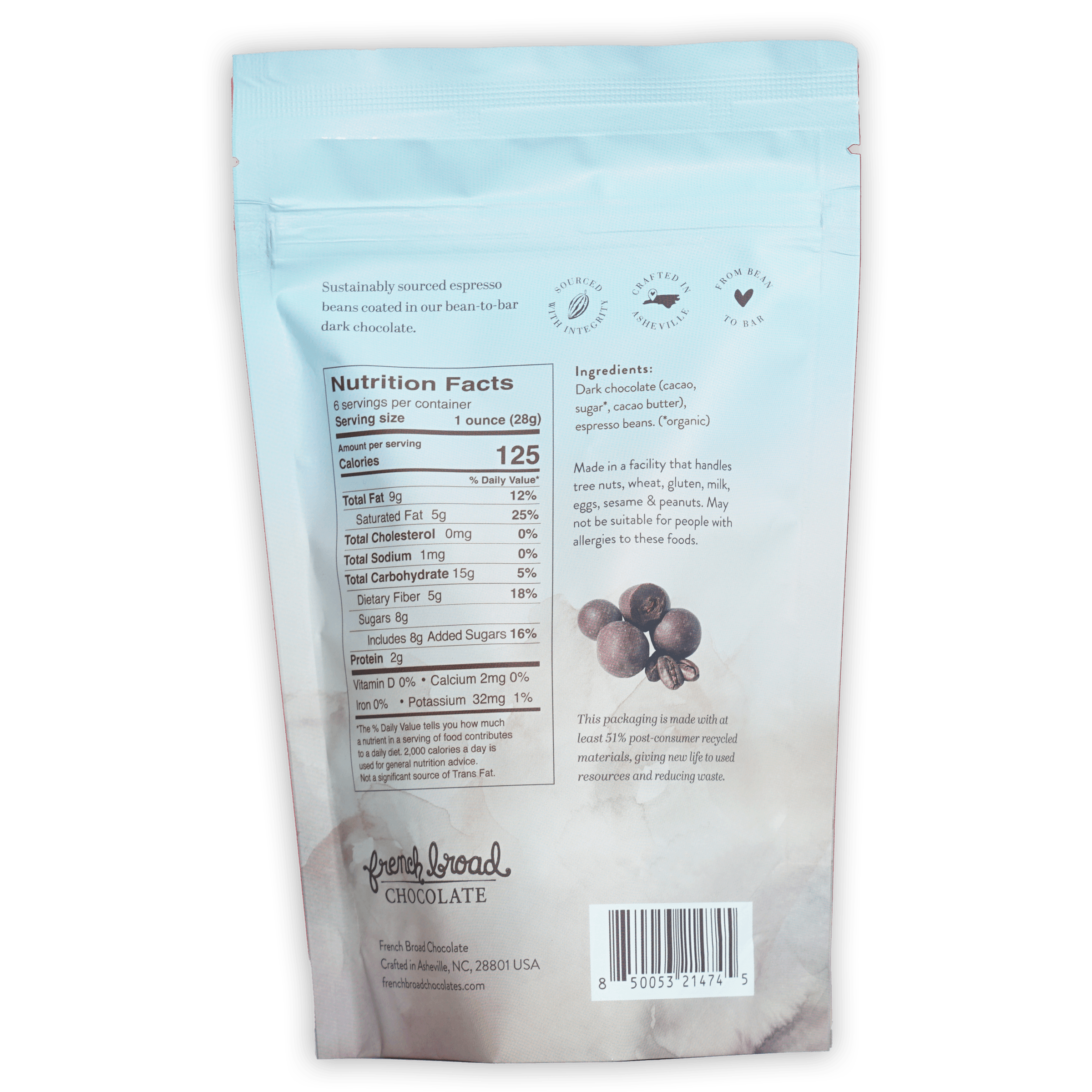 Light blue resealable pouch of French Broad dark chocolate covered espresso beans