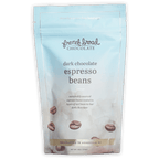 French Broad dark chocolate covered espresso beans in light blue resealable pouch