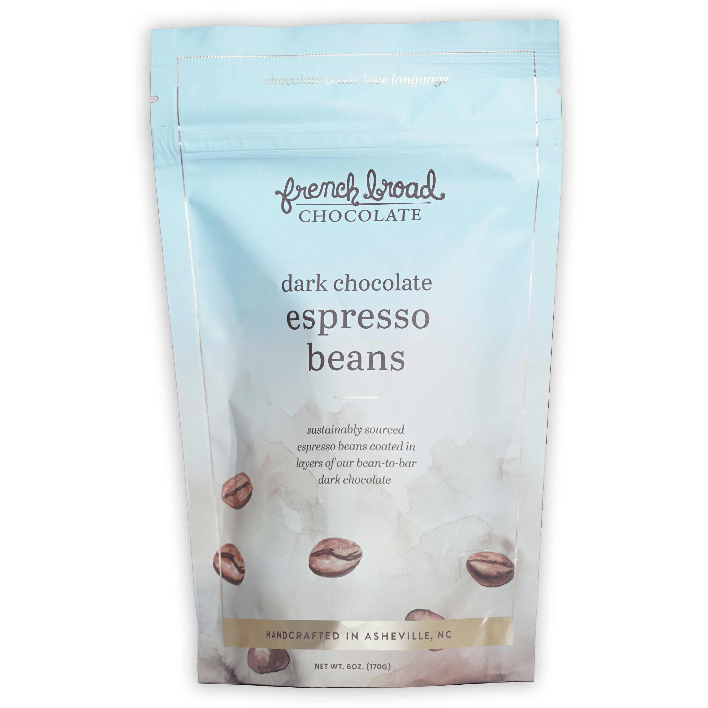 French Broad dark chocolate covered espresso beans in light blue resealable pouch