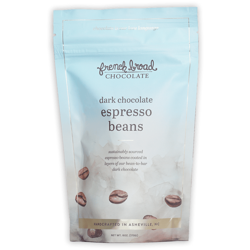 French Broad dark chocolate covered espresso beans in light blue resealable pouch