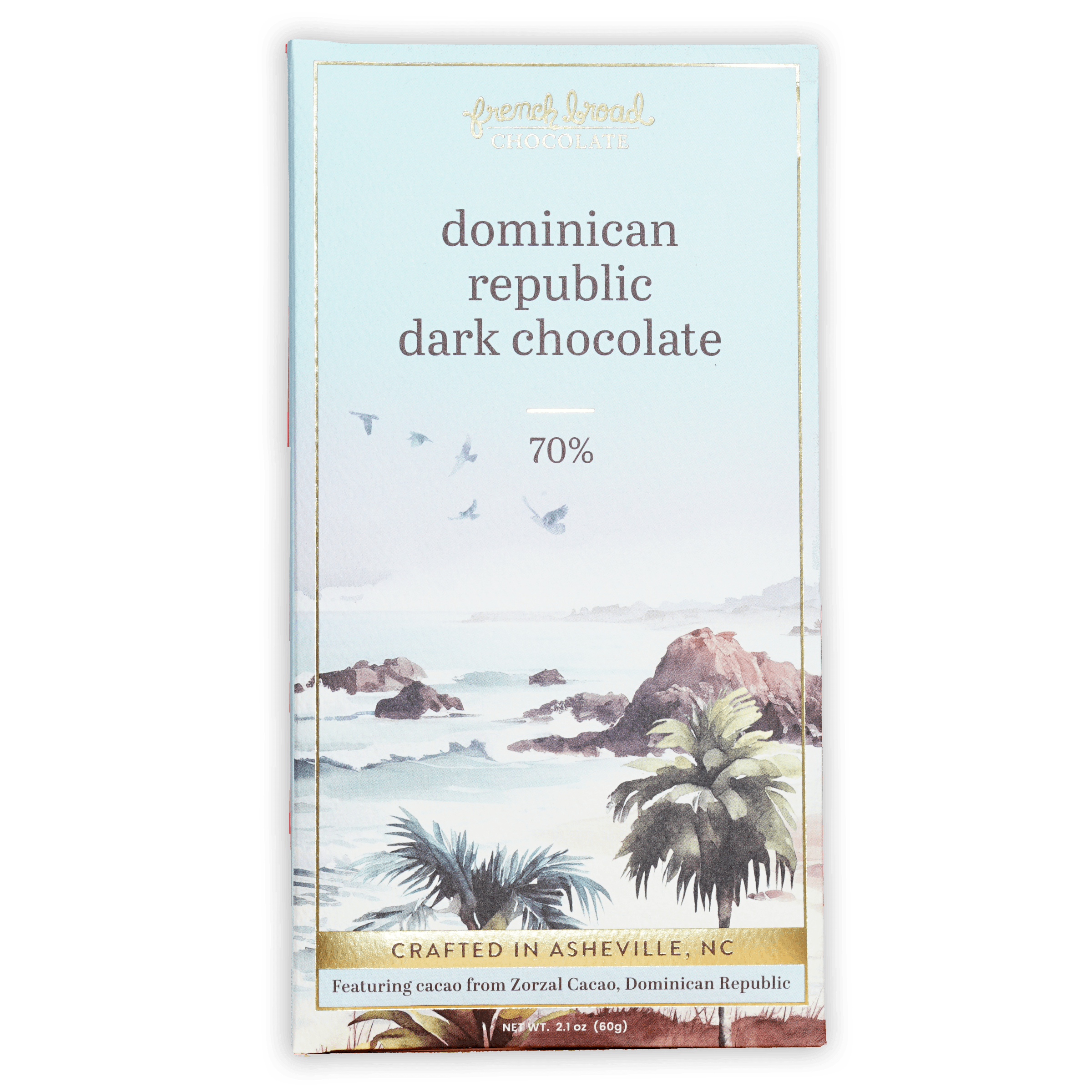French Broad Dark Chocolate Dominican Republic 70% light blue wrapper with watercolor coastal scene