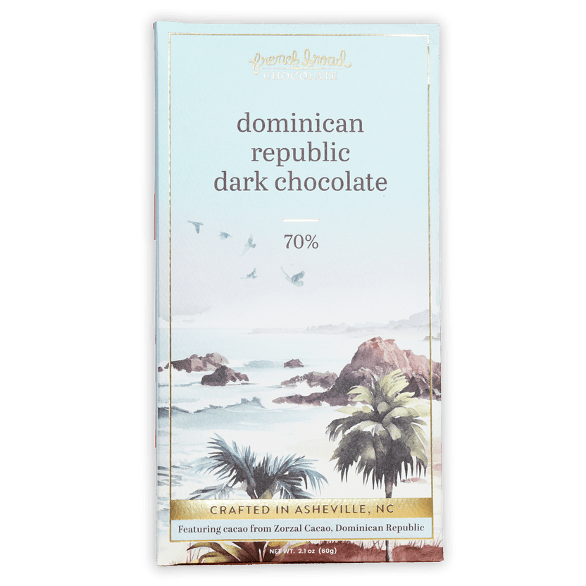 French Broad Dark Chocolate Dominican Republic 70% light blue wrapper with watercolor coastal scene