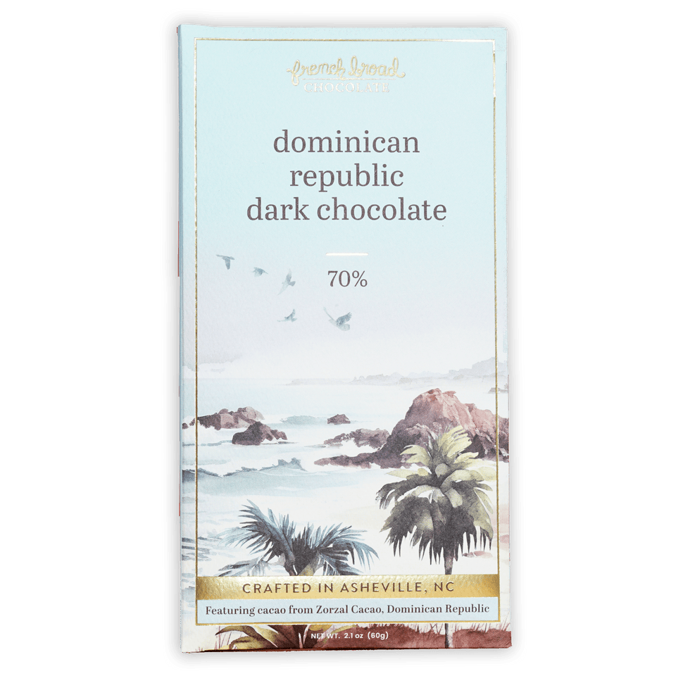 French Broad Dark Chocolate Dominican Republic 70% light blue wrapper with watercolor coastal scene