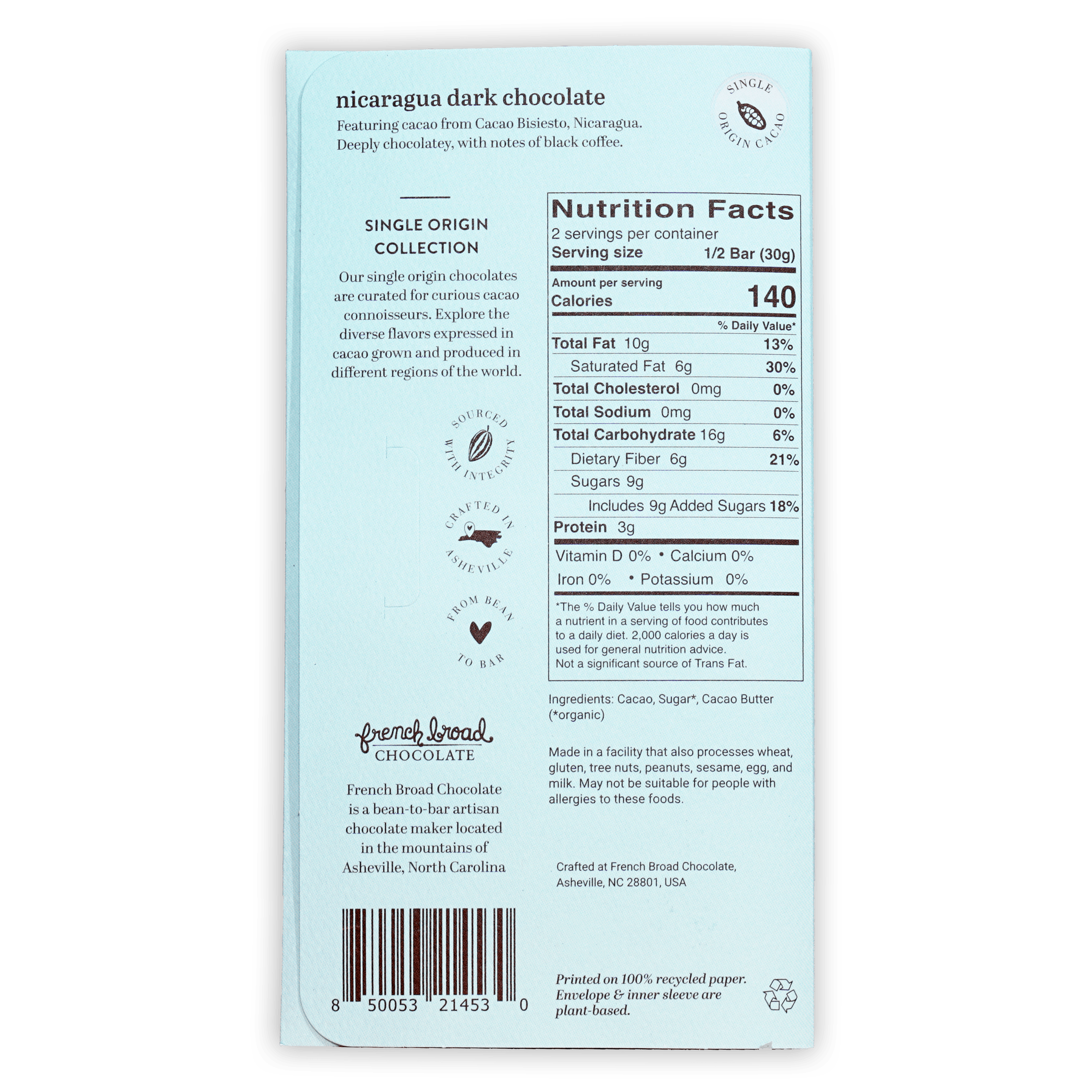 French Broad Nicaragua dark chocolate bar 70% light blue package