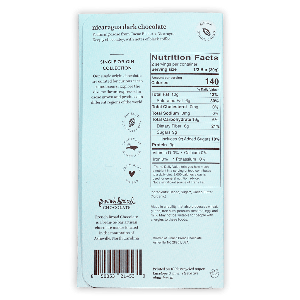French Broad Nicaragua dark chocolate bar 70% light blue package