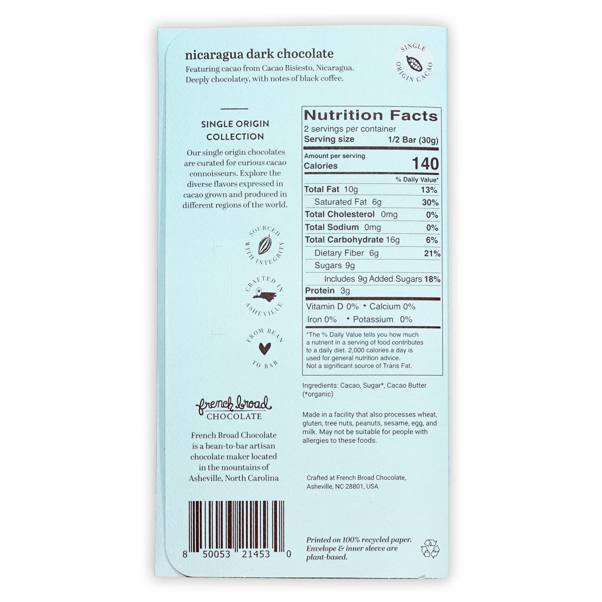 French Broad Nicaragua dark chocolate bar 70% light blue package