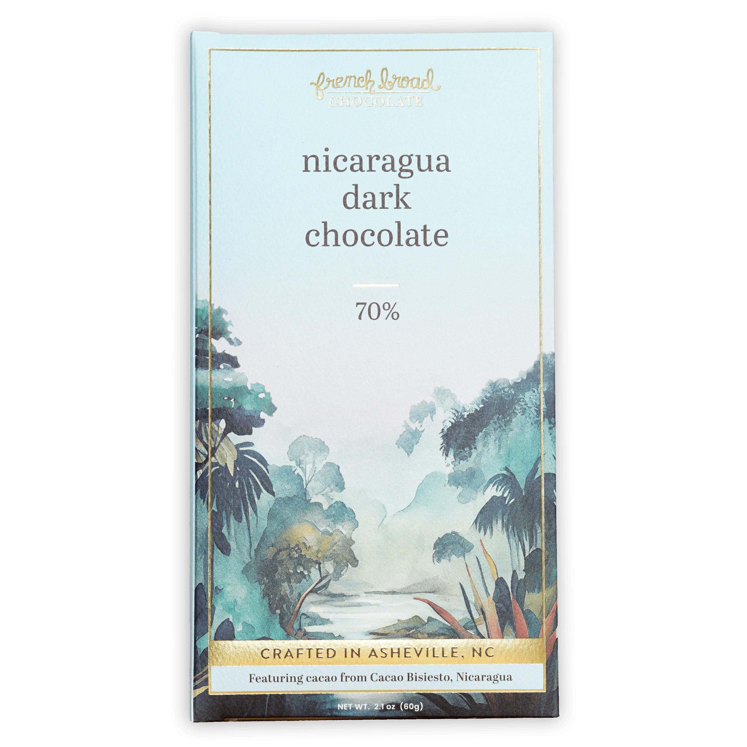 French Broad Nicaragua dark chocolate bar 70% cacao in blue gold foil