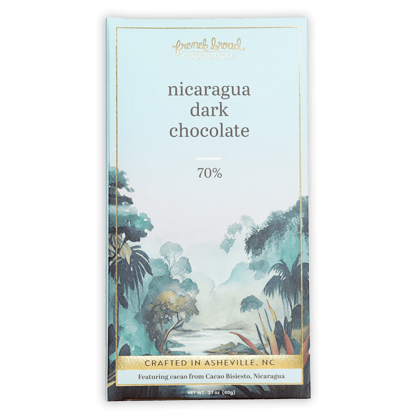 French Broad Nicaragua dark chocolate bar 70% cacao in blue gold foil
