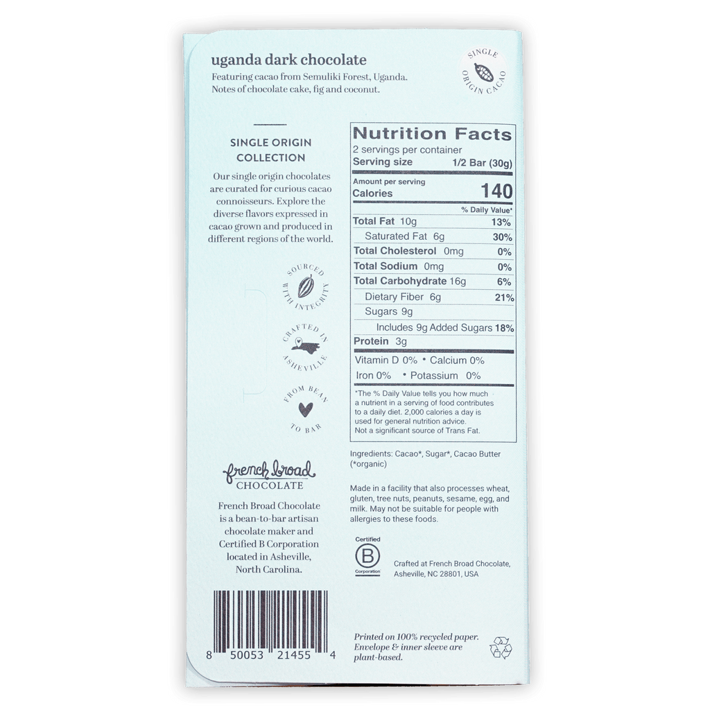 French Broad Dark Chocolate Uganda 70% bar, light blue single-origin from Semuliki Forest