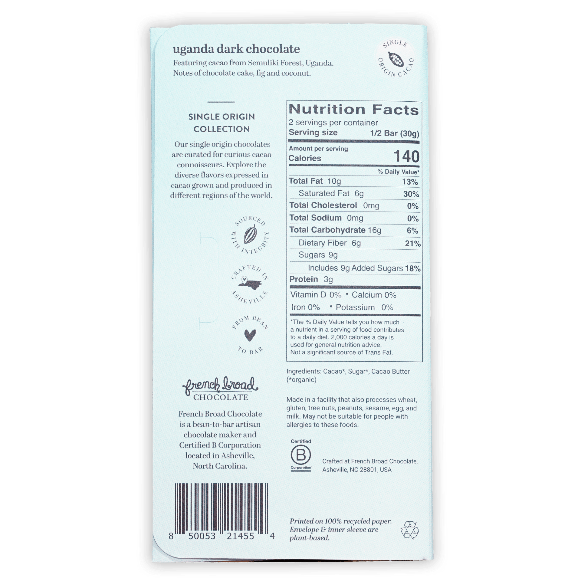 French Broad Dark Chocolate Uganda 70% bar, light blue single-origin from Semuliki Forest