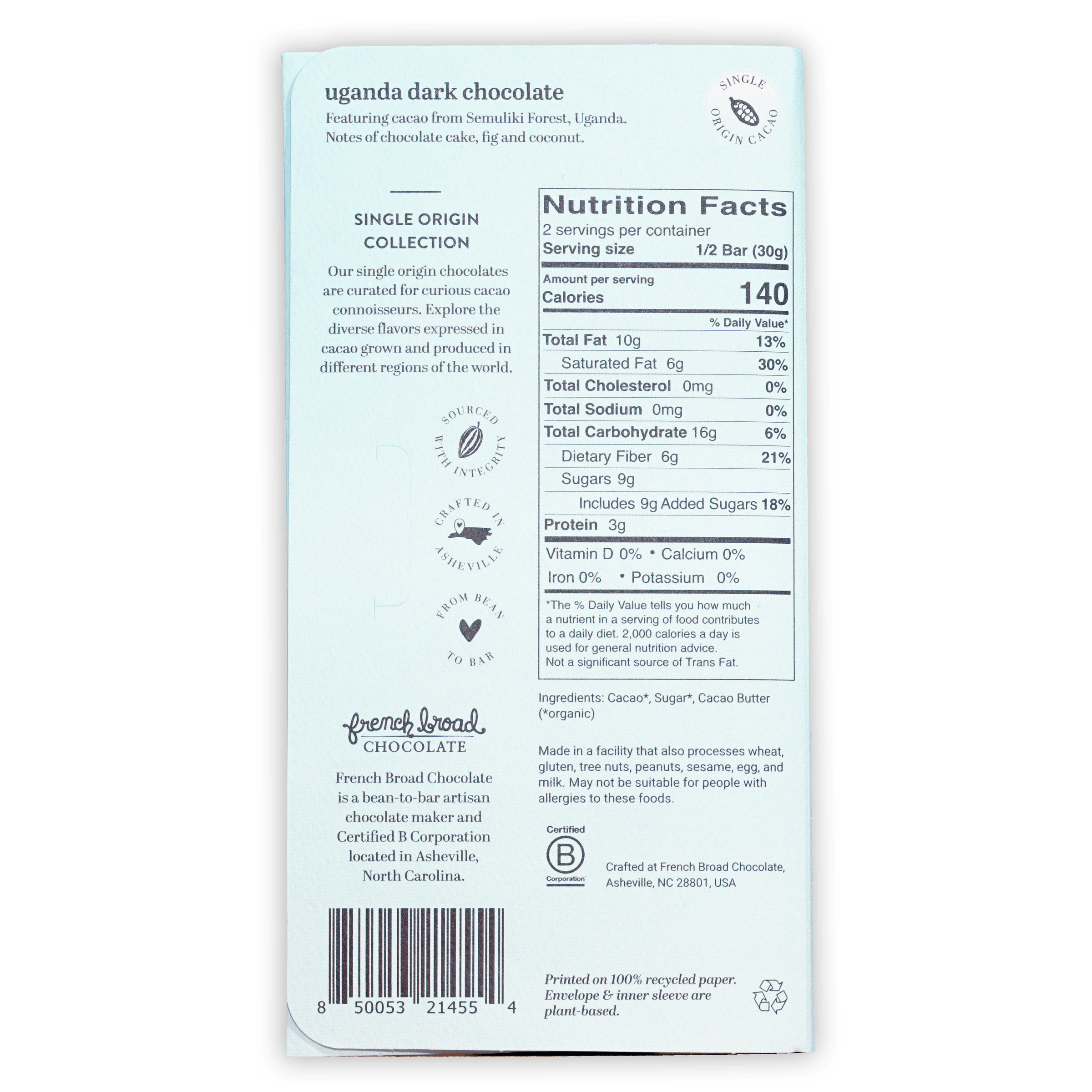 French Broad Dark Chocolate Uganda 70% bar, light blue single-origin from Semuliki Forest