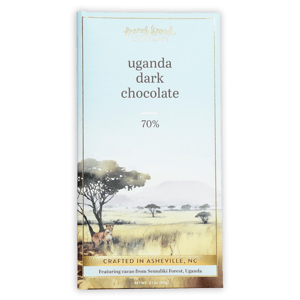 French Broad Dark Chocolate Uganda 70% bar in savanna foil wrapper