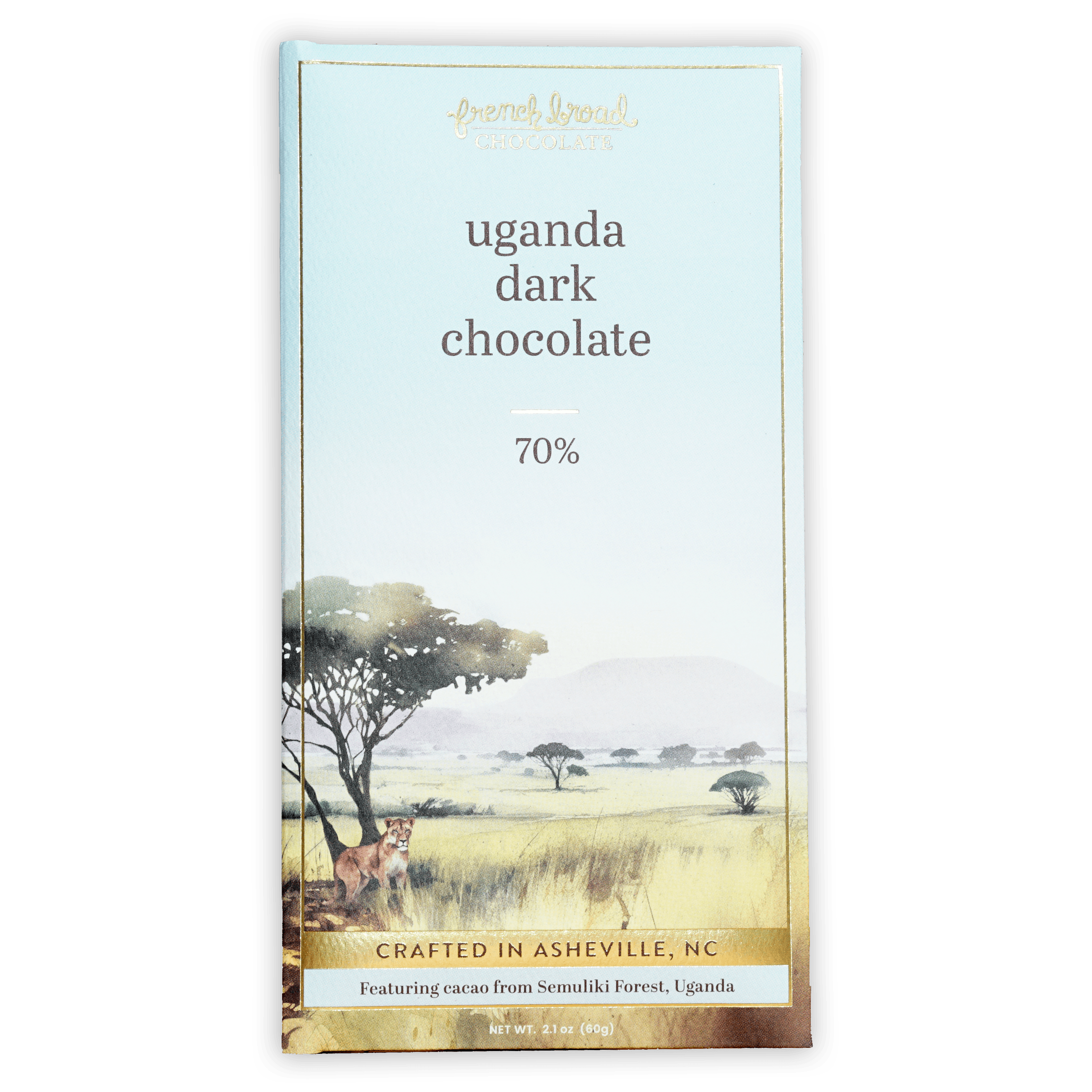 French Broad Dark Chocolate Uganda 70% bar in savanna foil wrapper