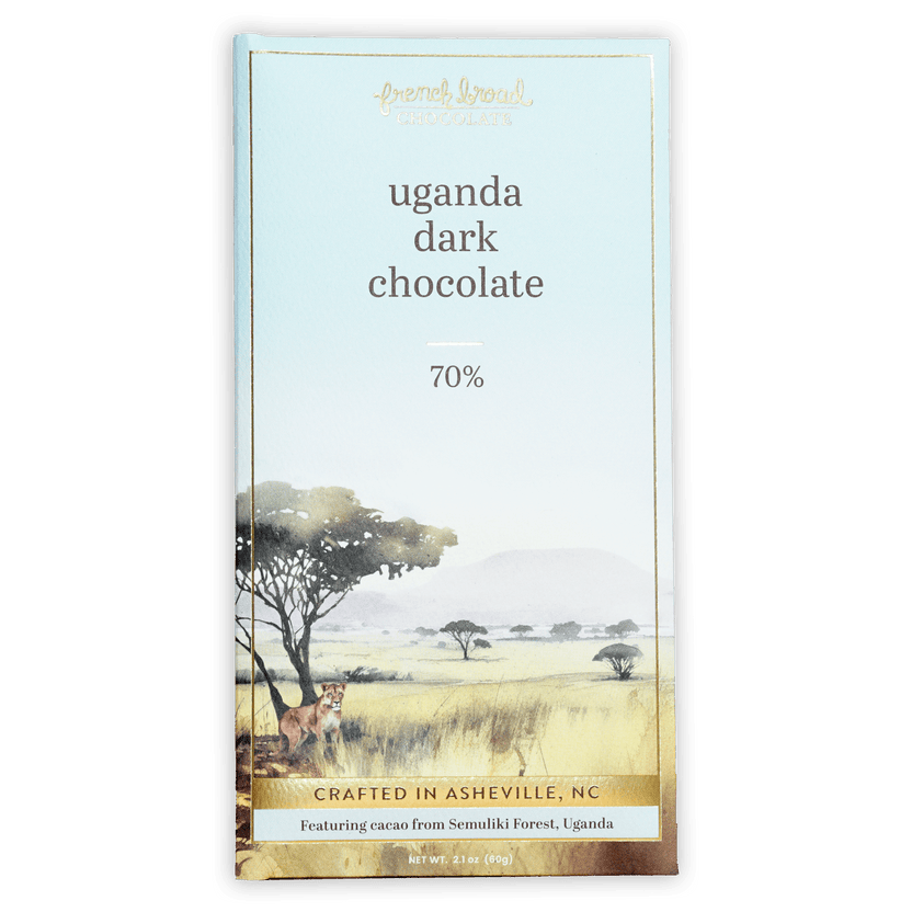 French Broad Dark Chocolate Uganda 70% bar in savanna foil wrapper