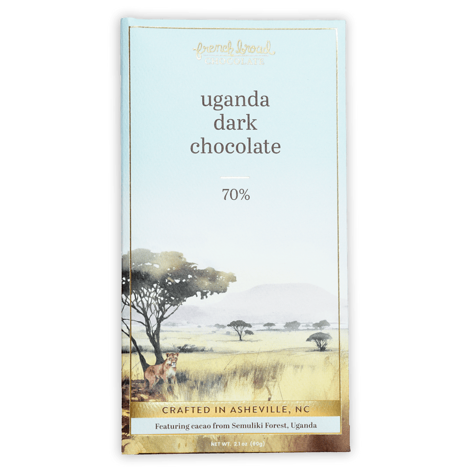 French Broad Dark Chocolate Uganda 70% bar in savanna foil wrapper