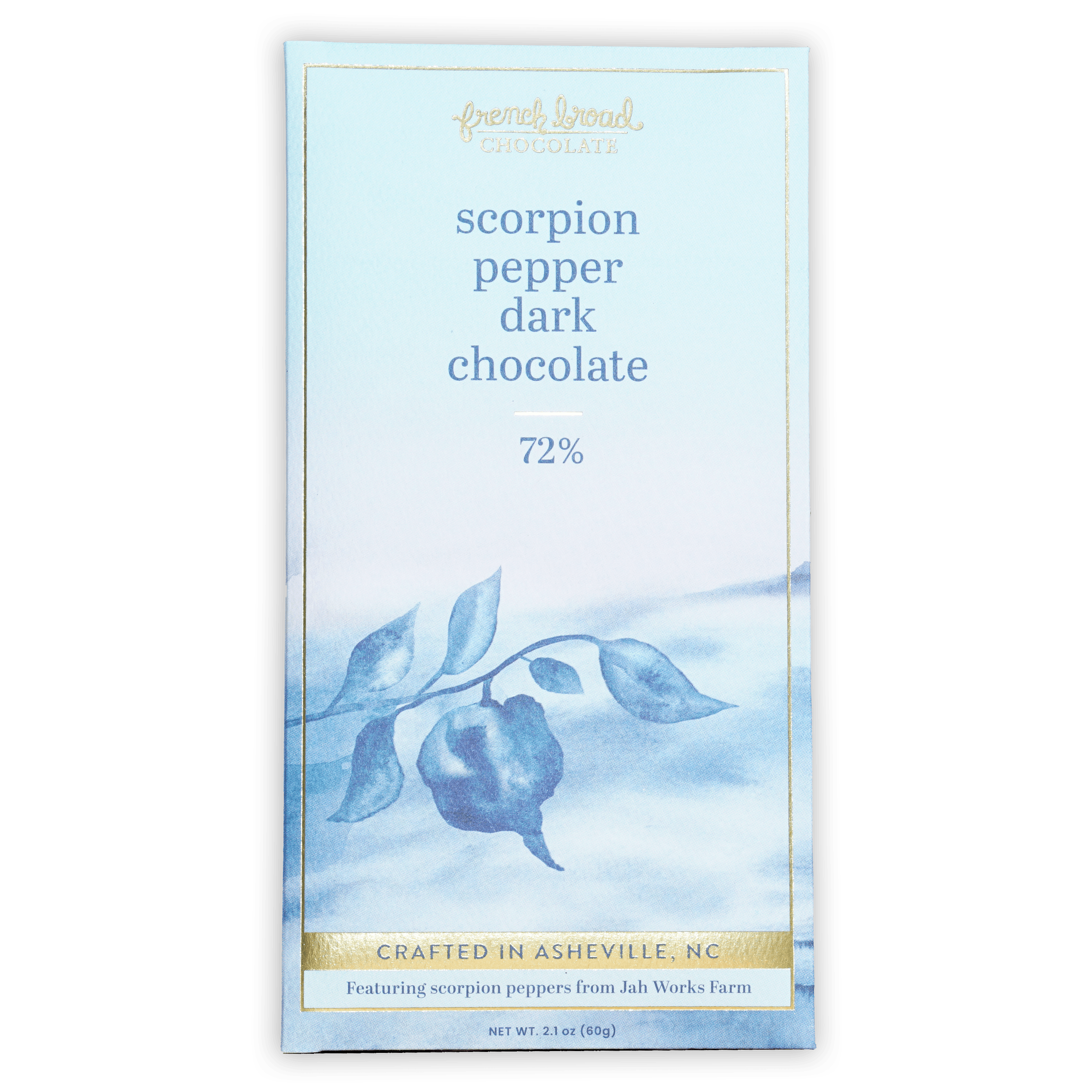 French Broad Dark Chocolate w/ Scorpion Pepper 72% bar in blue wrapper