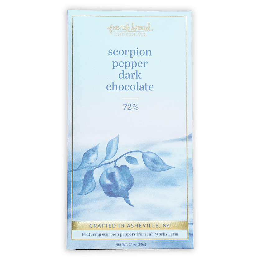 French Broad Dark Chocolate w/ Scorpion Pepper 72% bar in blue wrapper