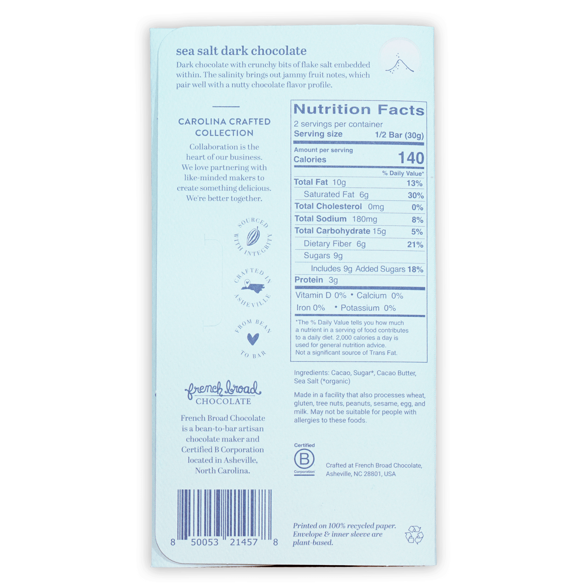 French Broad Dark Chocolate w/ Sea Salt 70% light blue wrapper
