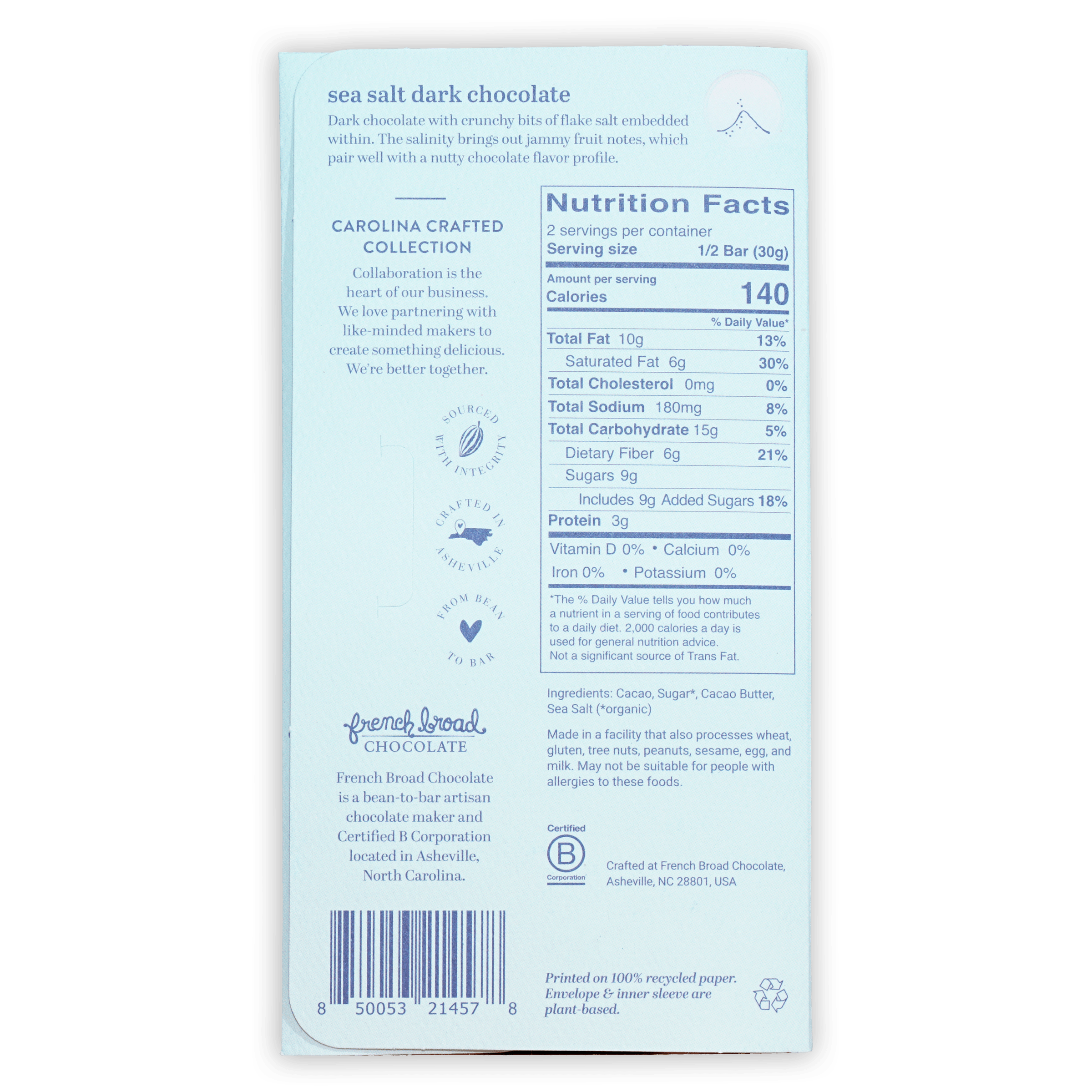 French Broad Dark Chocolate w/ Sea Salt 70% light blue wrapper