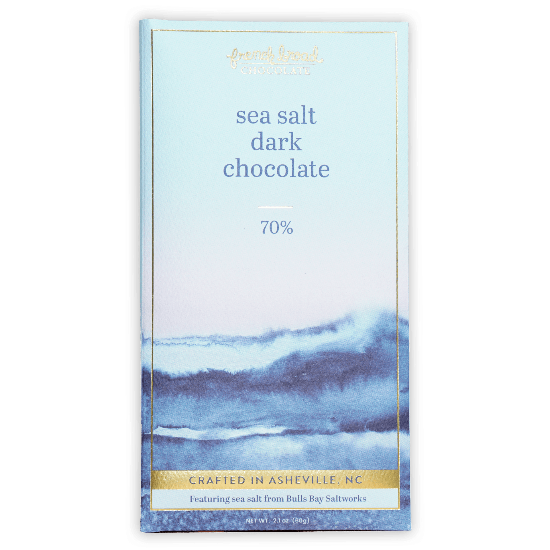 French Broad 70% dark chocolate bar with sea salt, french vanilla watercolor waves