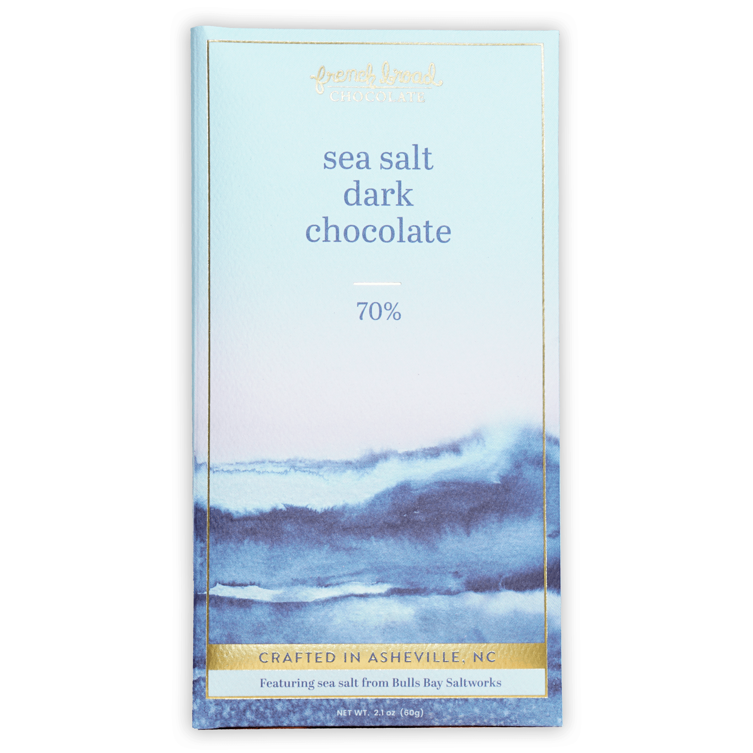 French Broad 70% dark chocolate bar with sea salt, french vanilla watercolor waves