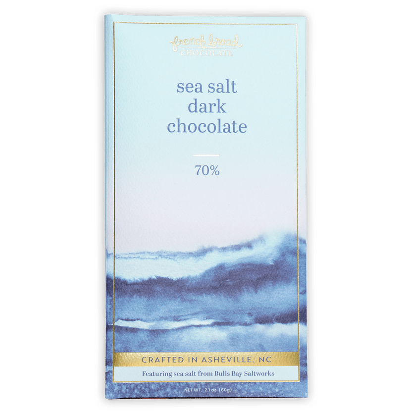 French Broad 70% dark chocolate bar with sea salt, french vanilla watercolor waves