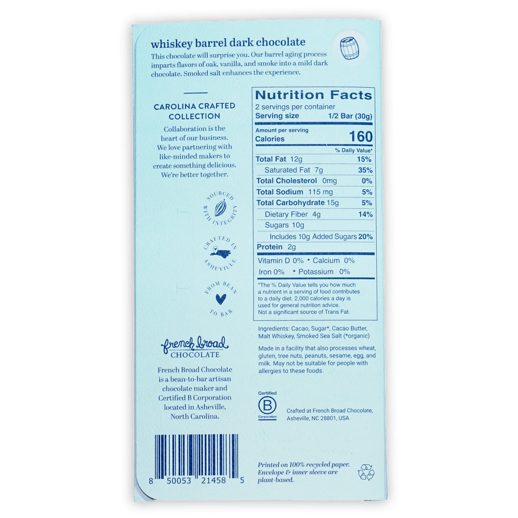 French Broad Dark Chocolate Whiskey Barrel 69% light blue wrapper back