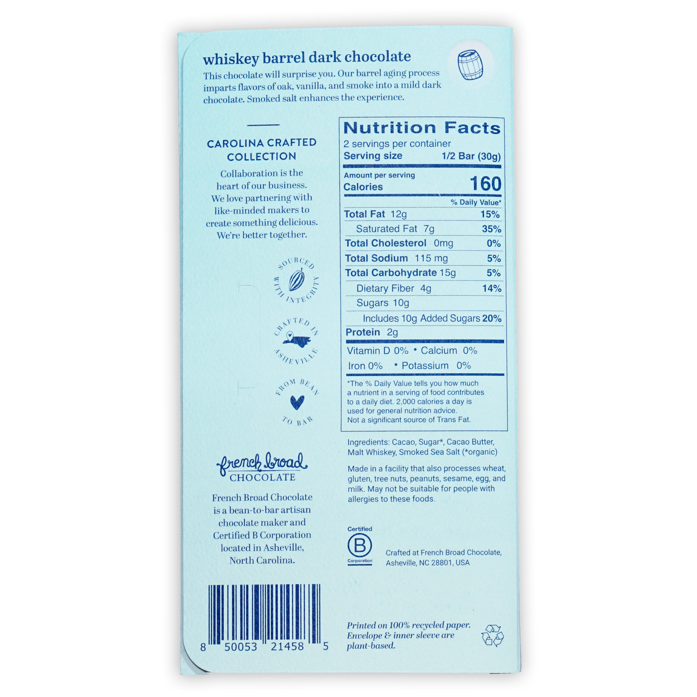 French Broad Dark Chocolate Whiskey Barrel 69% light blue wrapper back