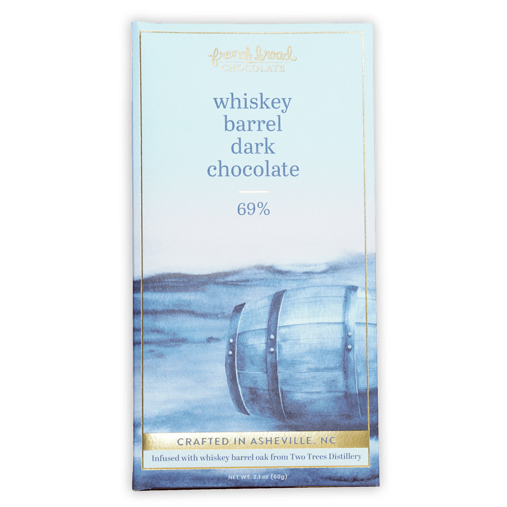 French Broad 69% Dark Chocolate Whiskey Barrel bar with blue gold wrapper