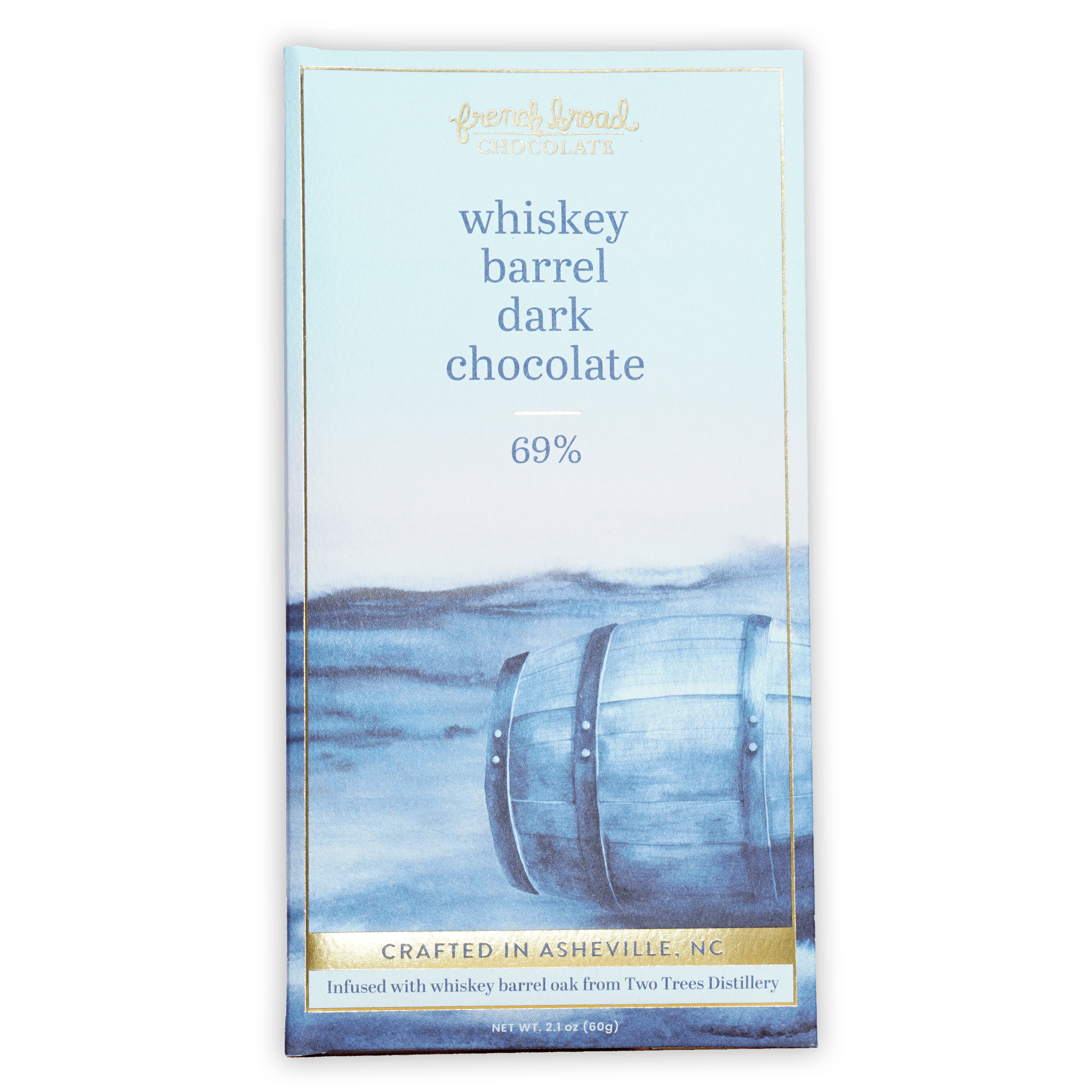 French Broad 69% Dark Chocolate Whiskey Barrel bar with blue gold wrapper