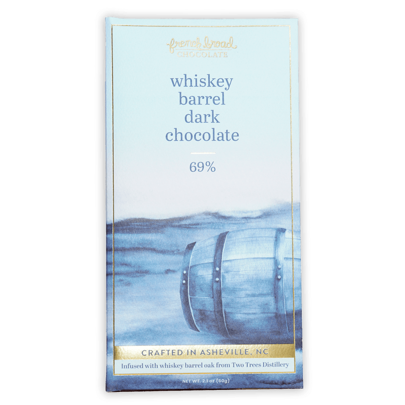 French Broad 69% Dark Chocolate Whiskey Barrel bar with blue gold wrapper