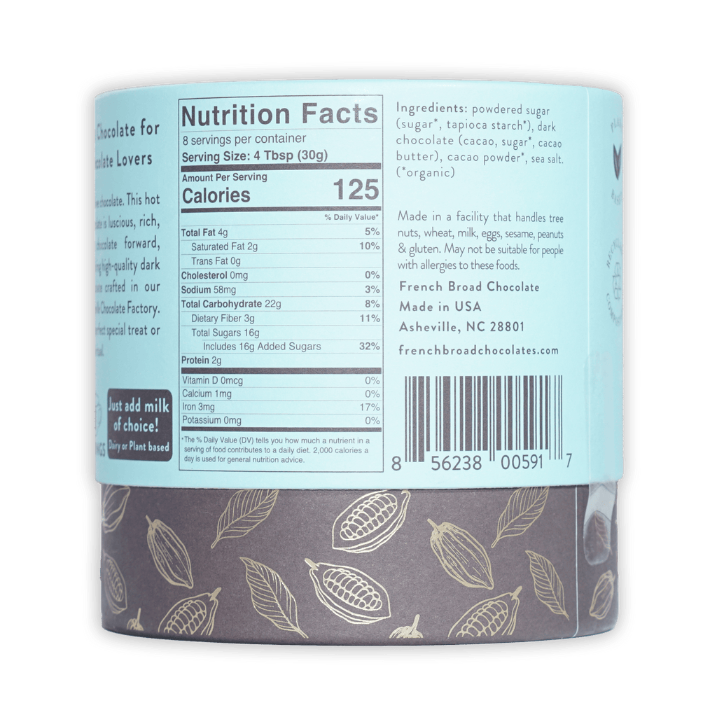 French Broad Dark Hot Chocolate Mix in cylindrical container