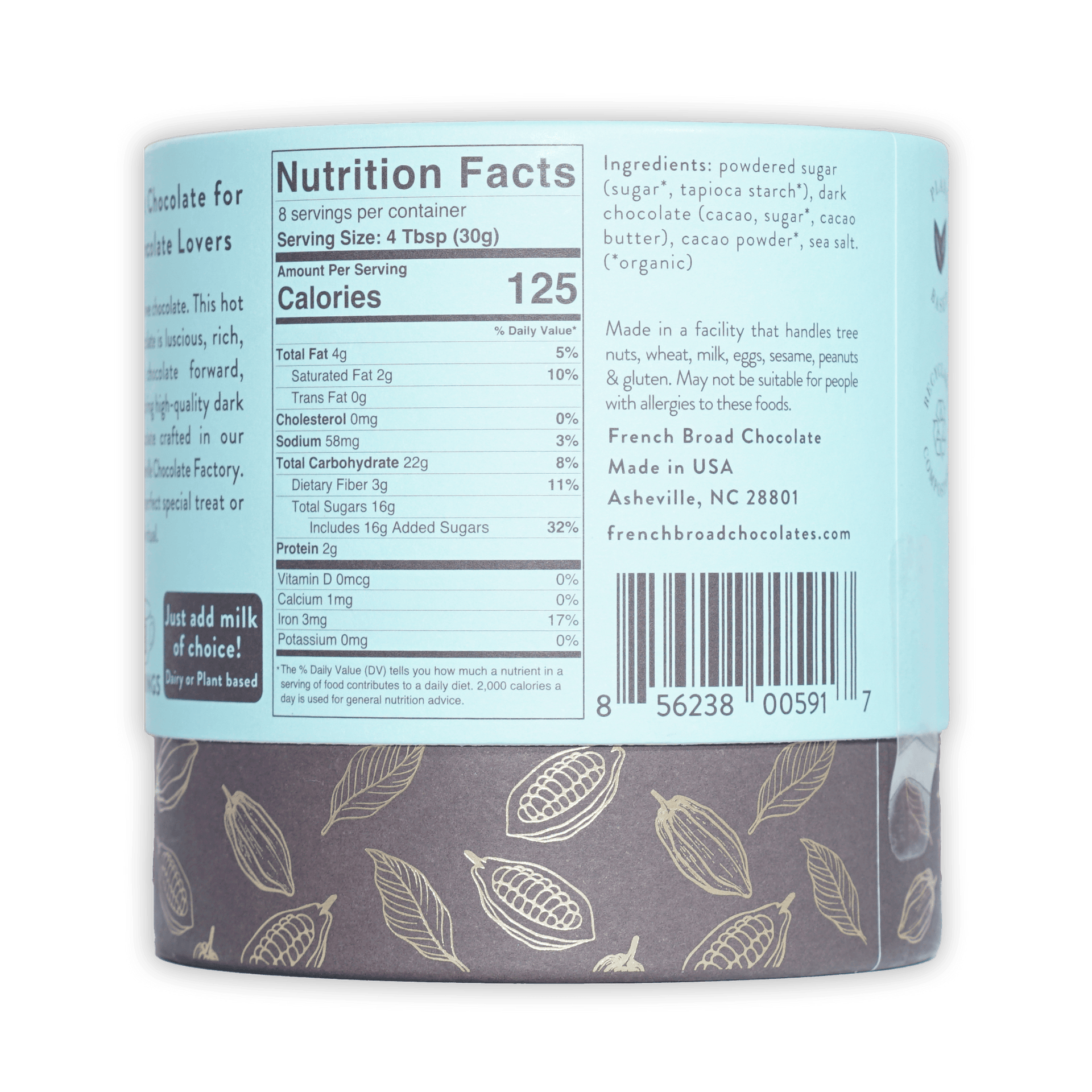 French Broad Dark Hot Chocolate Mix in cylindrical container