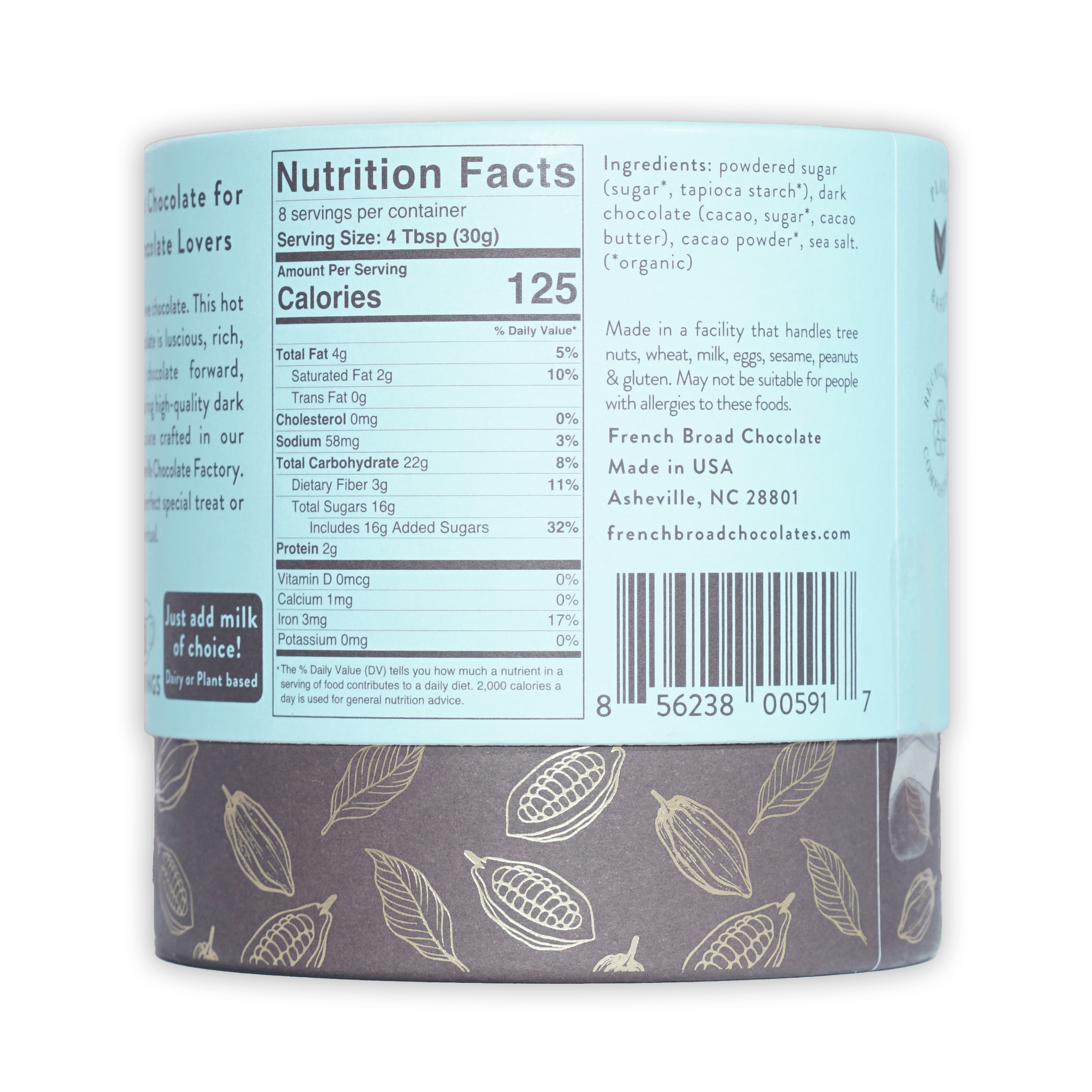 French Broad Dark Hot Chocolate Mix in cylindrical container