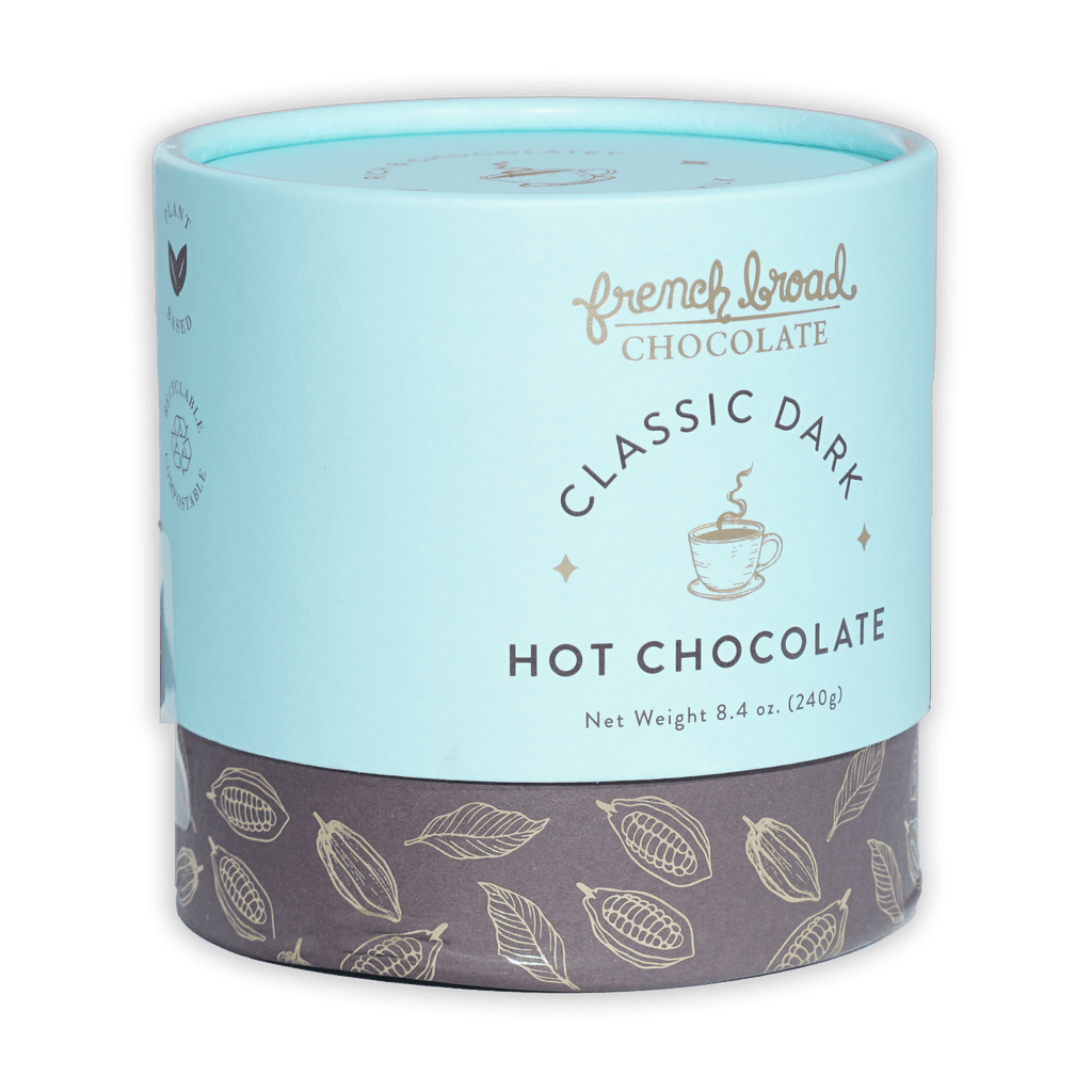 French Broad Dark Hot Chocolate Mix in light blue cylindrical can