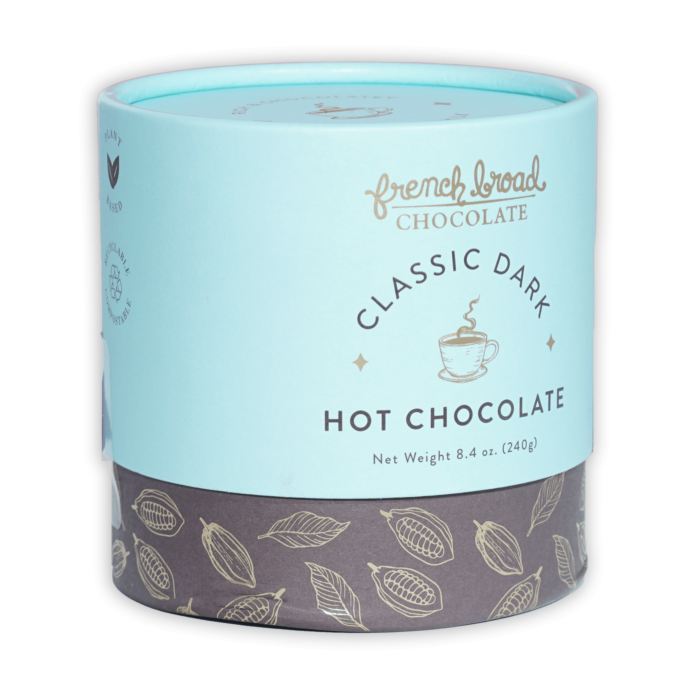 French Broad Dark Hot Chocolate Mix in light blue cylindrical can