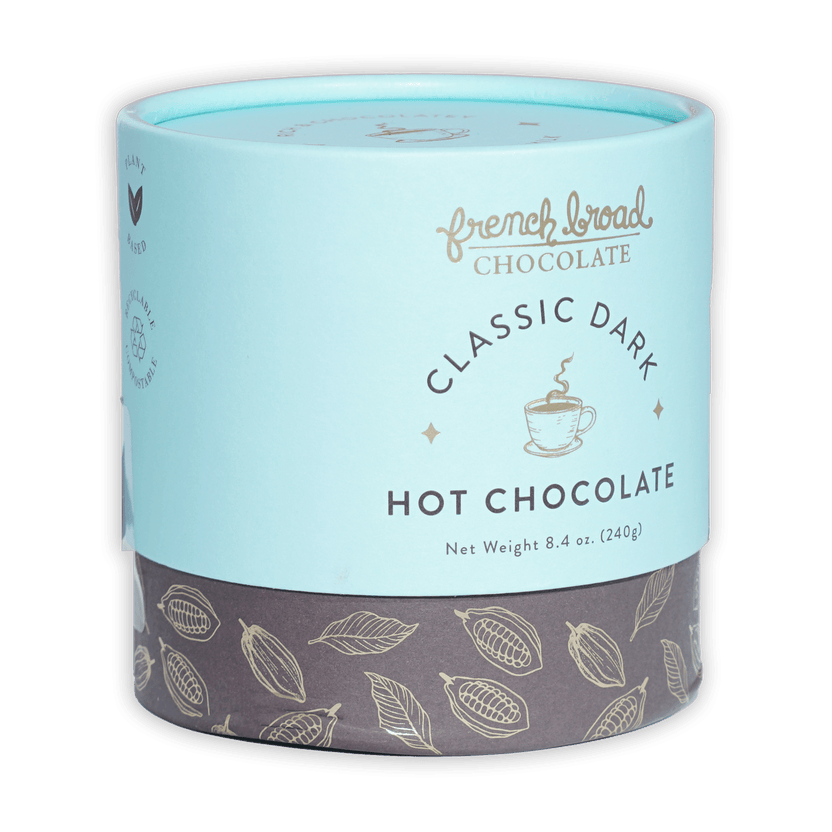 French Broad Dark Hot Chocolate Mix in light blue cylindrical can