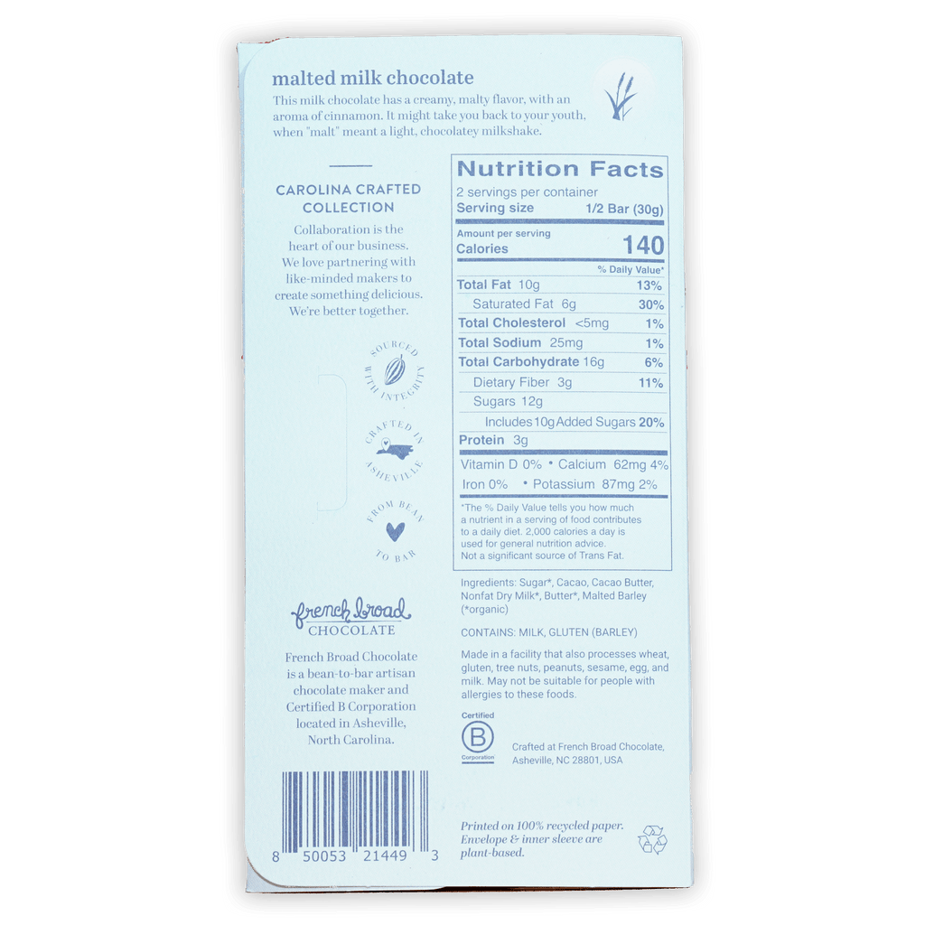 Back of French Broad Malted Milk Chocolate 45% bar wrapper