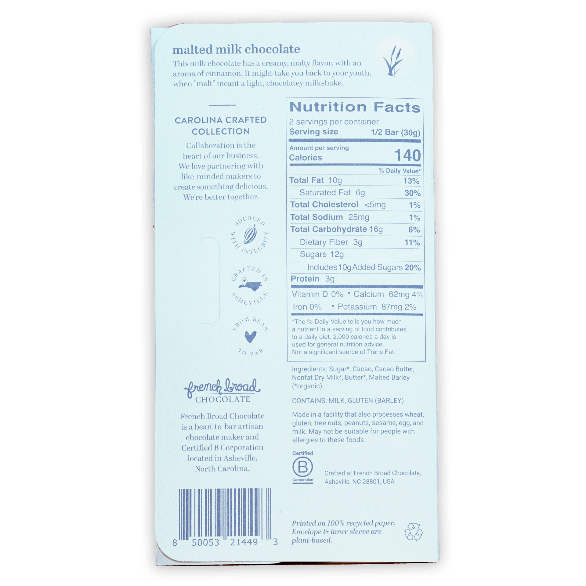 Back of French Broad Malted Milk Chocolate 45% bar wrapper