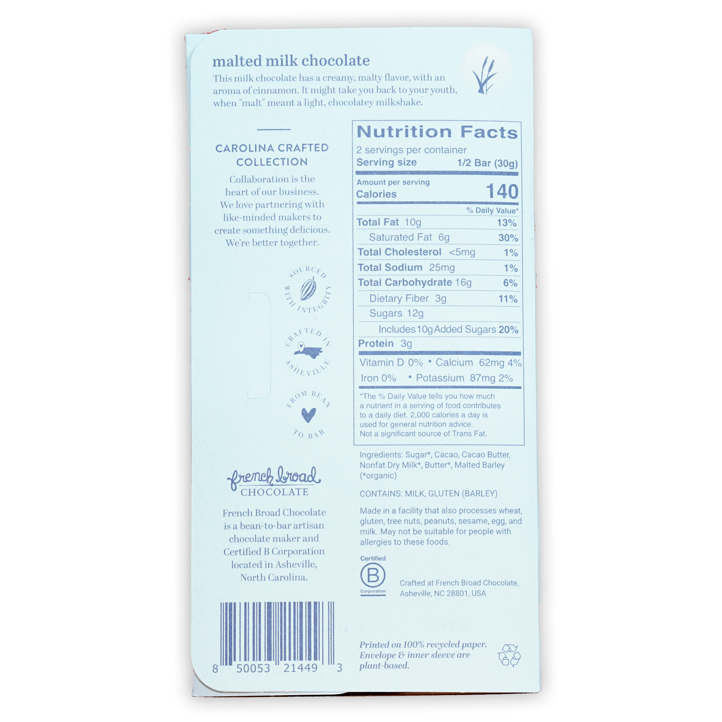 Back of French Broad Malted Milk Chocolate 45% bar wrapper