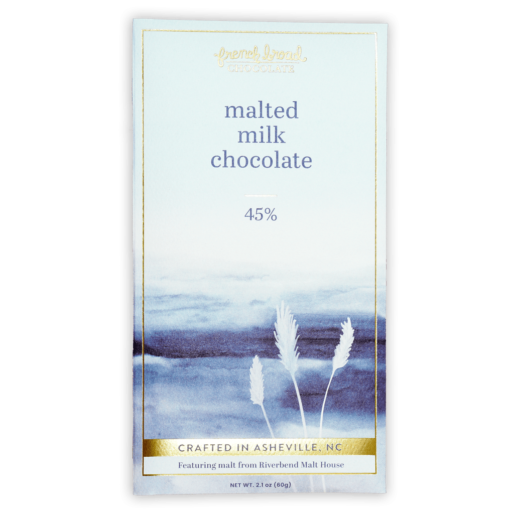 French Broad Malted Milk Chocolate 45% bar in blue wrapper