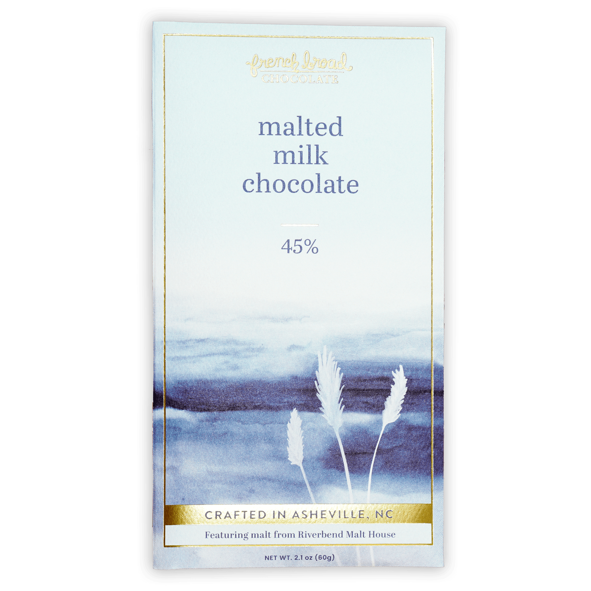 French Broad Malted Milk Chocolate 45% bar in blue wrapper