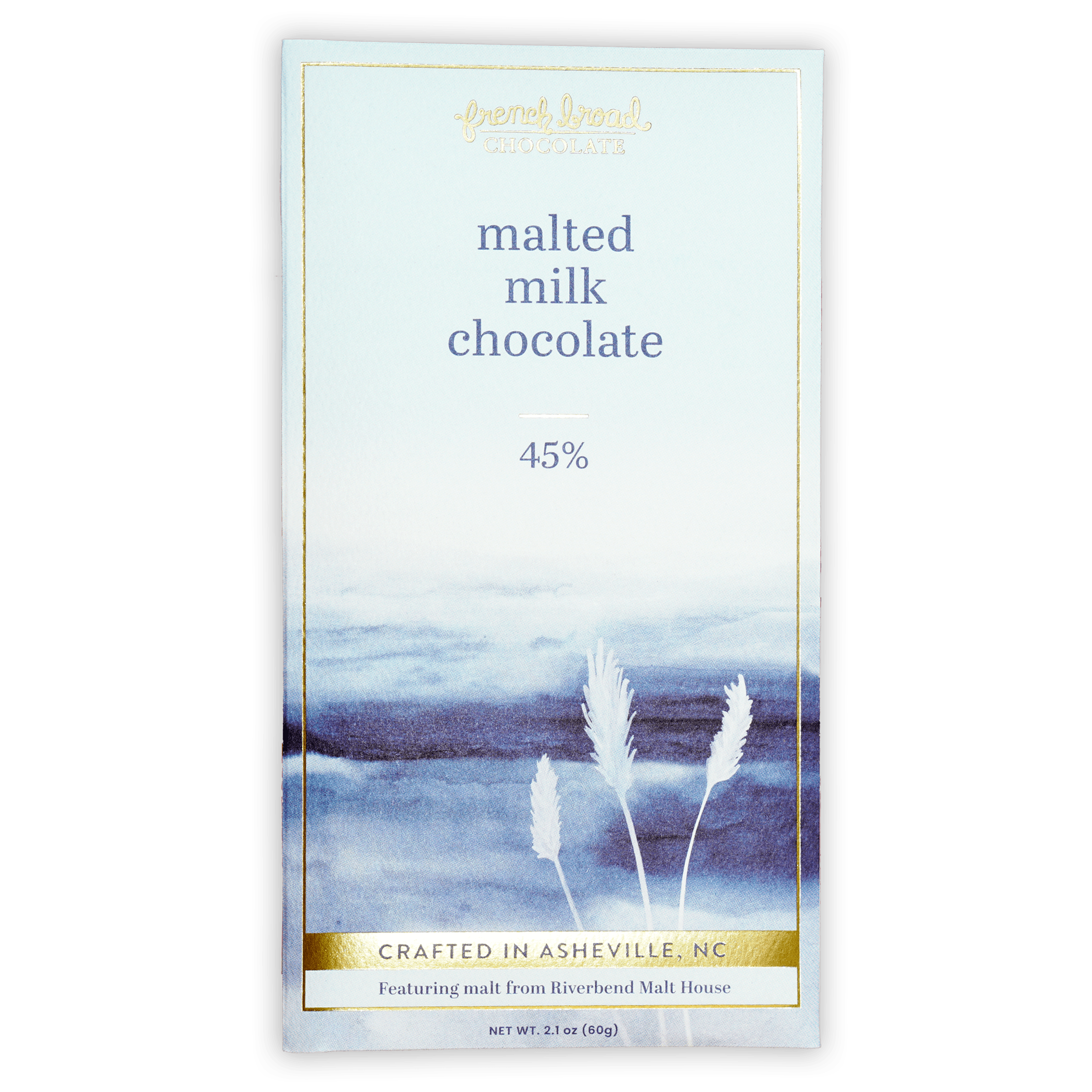 French Broad Malted Milk Chocolate 45% bar in blue wrapper
