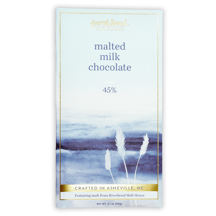 French Broad Malted Milk Chocolate 45% bar in blue wrapper