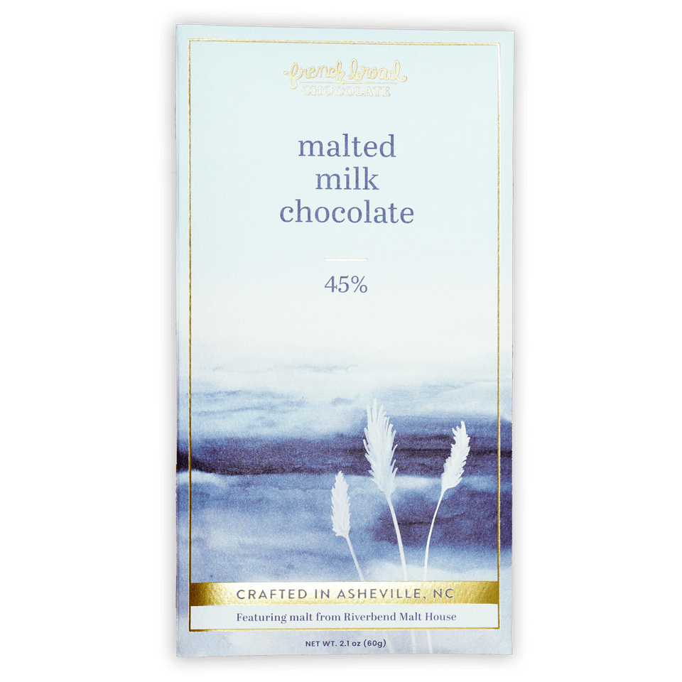 French Broad Malted Milk Chocolate 45% bar in blue wrapper